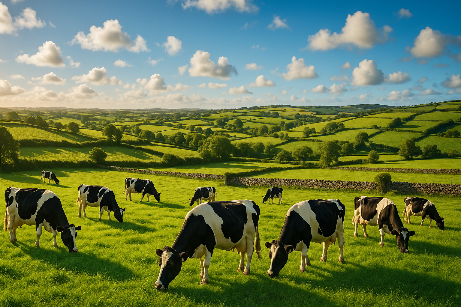 Sunny Irish farmland with cattle grazing in bright green fields under blue skies with sunshine
